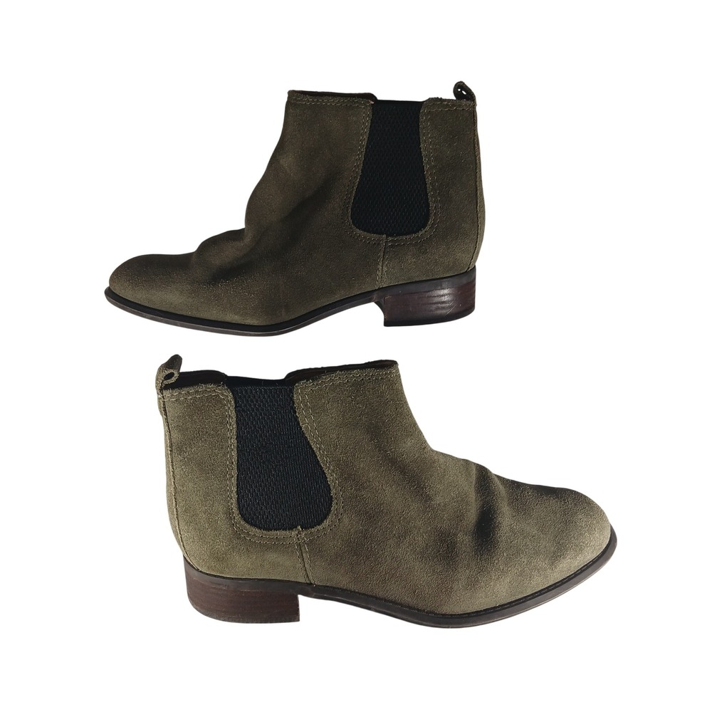 Nine West Jara Chelsea‎ Ankle Boots 7M Olive Green Suede Low Stacked Block Heel